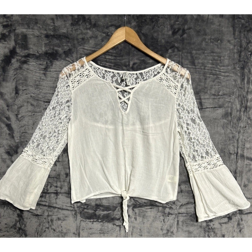 Mudd Women's Medium‎ White Gauze Sheer Top Lace Bell Sleeve Tie Hem Y2K Grunge
